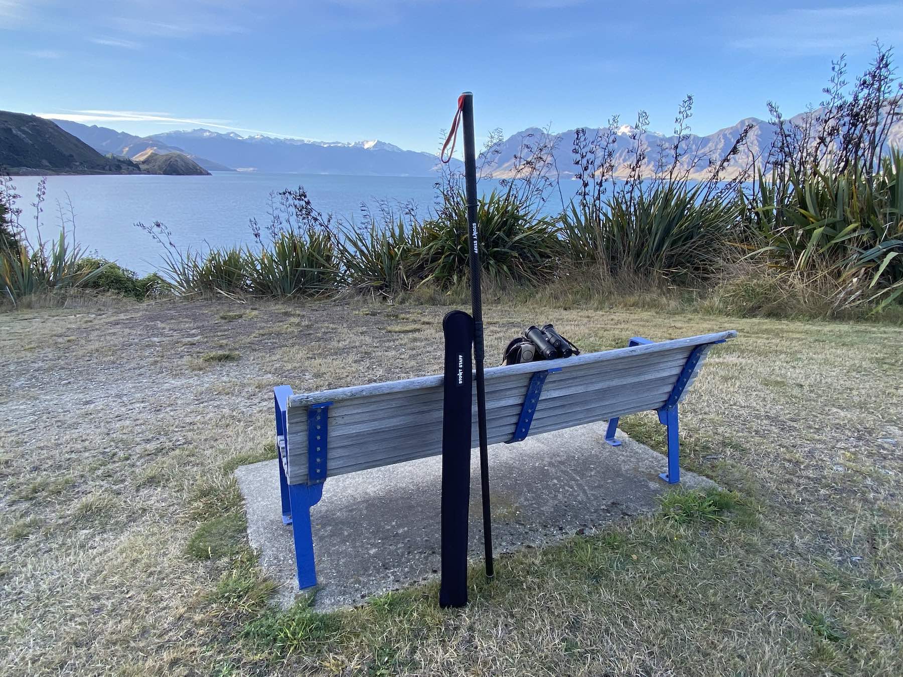 Stowt Staff beside bench overlooking Lake Wanaka